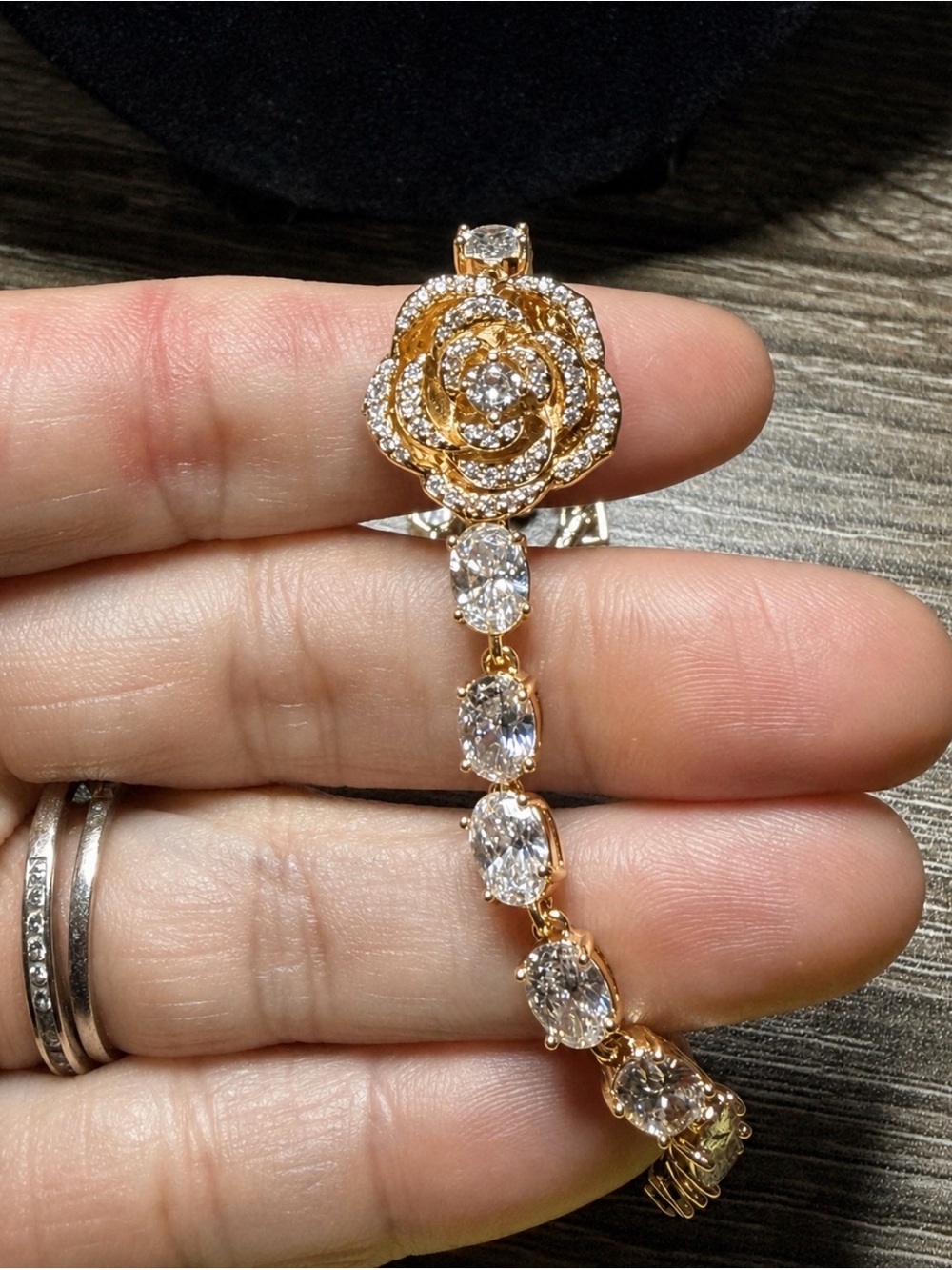 Gold-Plated Rose Bloom Zircon Tennis Bracelet – Elegant Floral Statement Jewelry